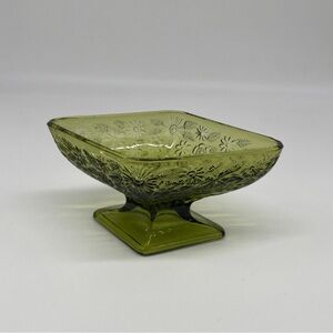 Vintage Indiana Olive Glass Green Diamond Shape Pedestal Candy Dish Bowl